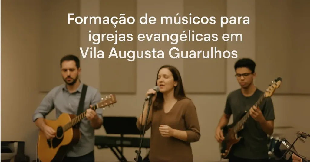 Músicos jovens tocando violão, baixo e cantando em igreja evangélica durante aula de formação.