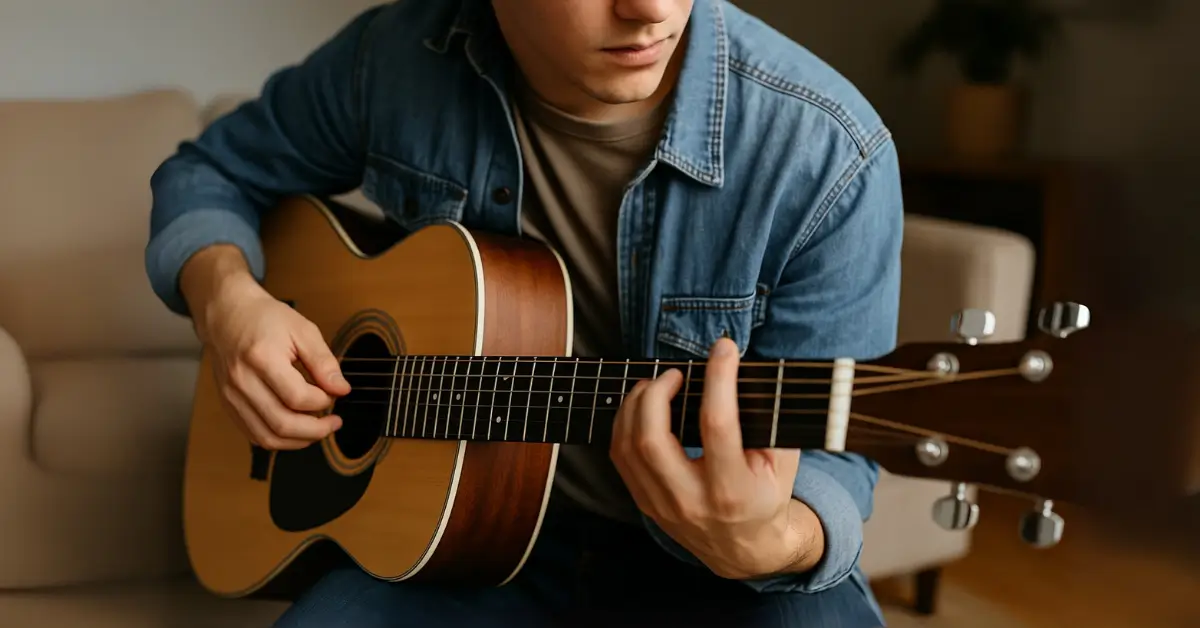 Jovem praticando acordes no violão em sala iluminada, com expressão concentrada.