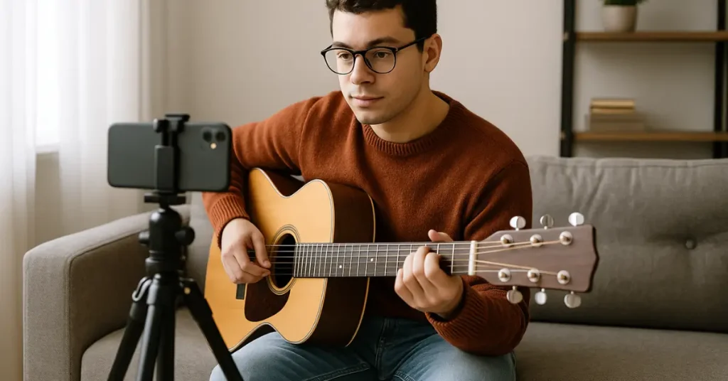 Jovem gravando vídeo enquanto toca violão em casa.