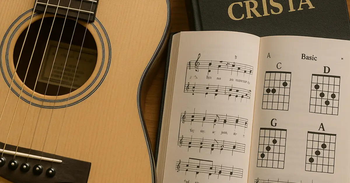 Violão ao lado da Harpa Cristã aberta com diagramas de acordes C, G, D e A.