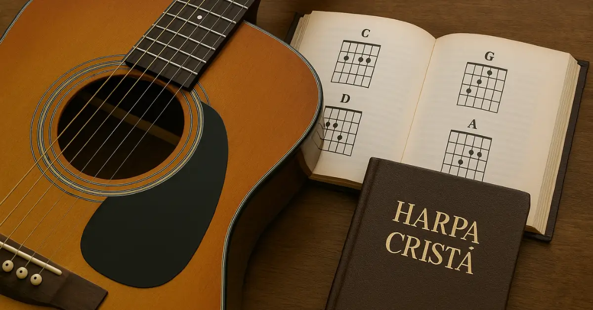 Guitarra e Harpa Cristã aberta com partituras e acordes básicos sob luz quente.