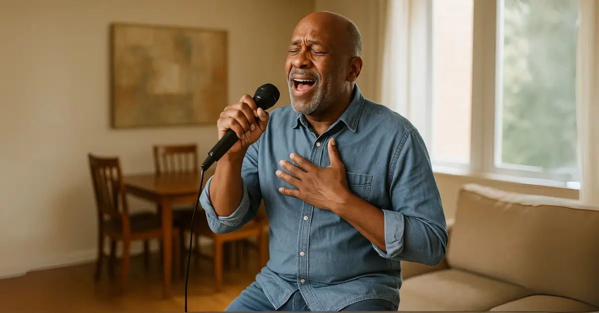 Homem maduro canta com entusiasmo em sala iluminada, superando a timidez.