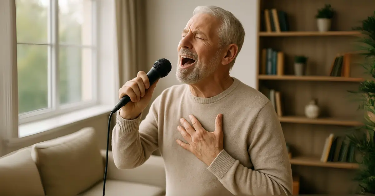 Homem mais velho canta com emoção em sua sala, transmitindo confiança e liberdade.
