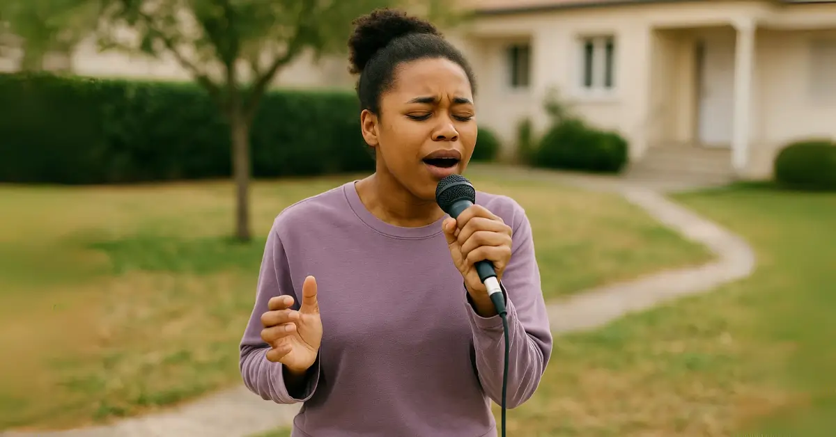 Como perder o medo de cantar e liberar sua voz com confiança - Jovem canta ao ar livre com emoção, superando o medo de cantar em público.