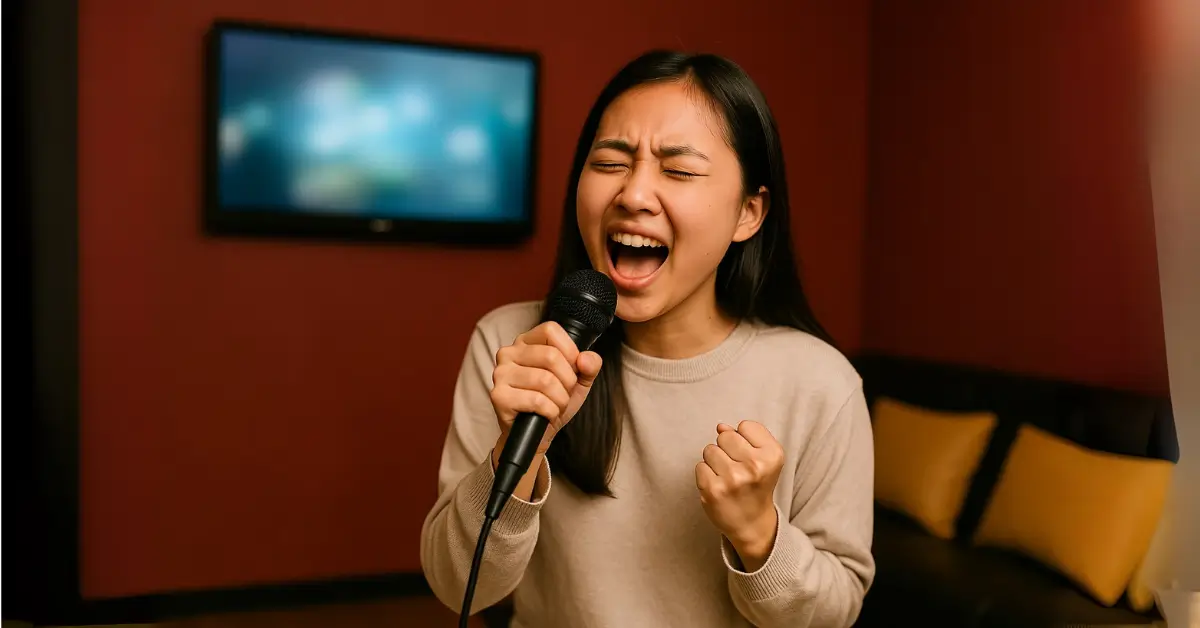 Jovem asiática canta com entusiasmo em sala de karaokê, expressando liberdade e superação.