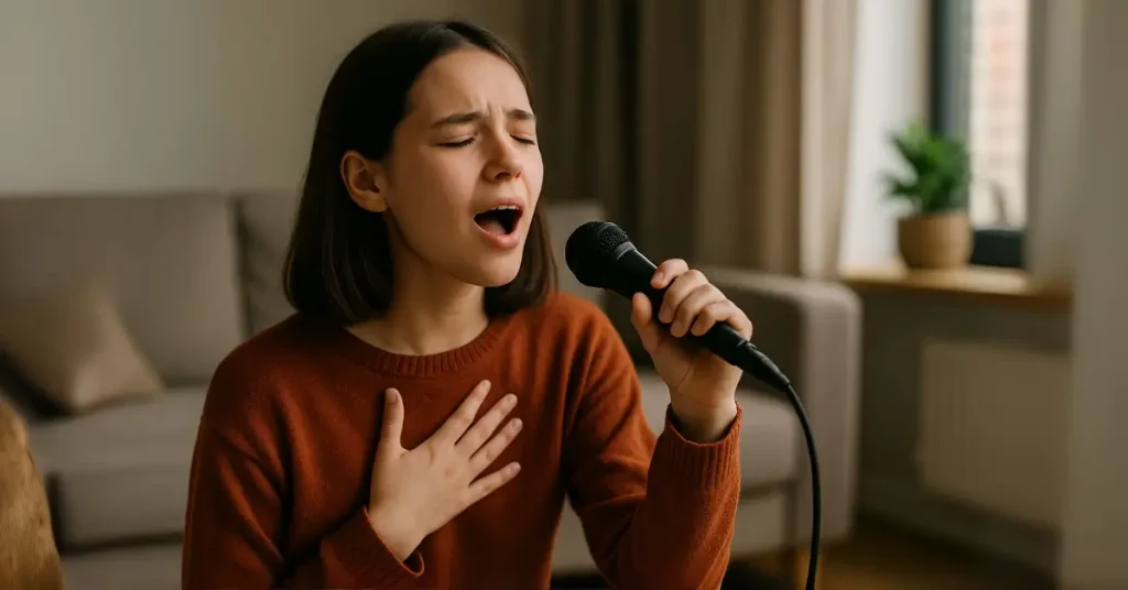 Jovem mulher canta com emoção em uma sala aconchegante, superando a timidez.