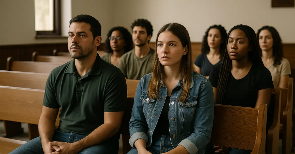 Jovens sentados em bancos de igreja evangélica atentos a uma aula ou pregação.