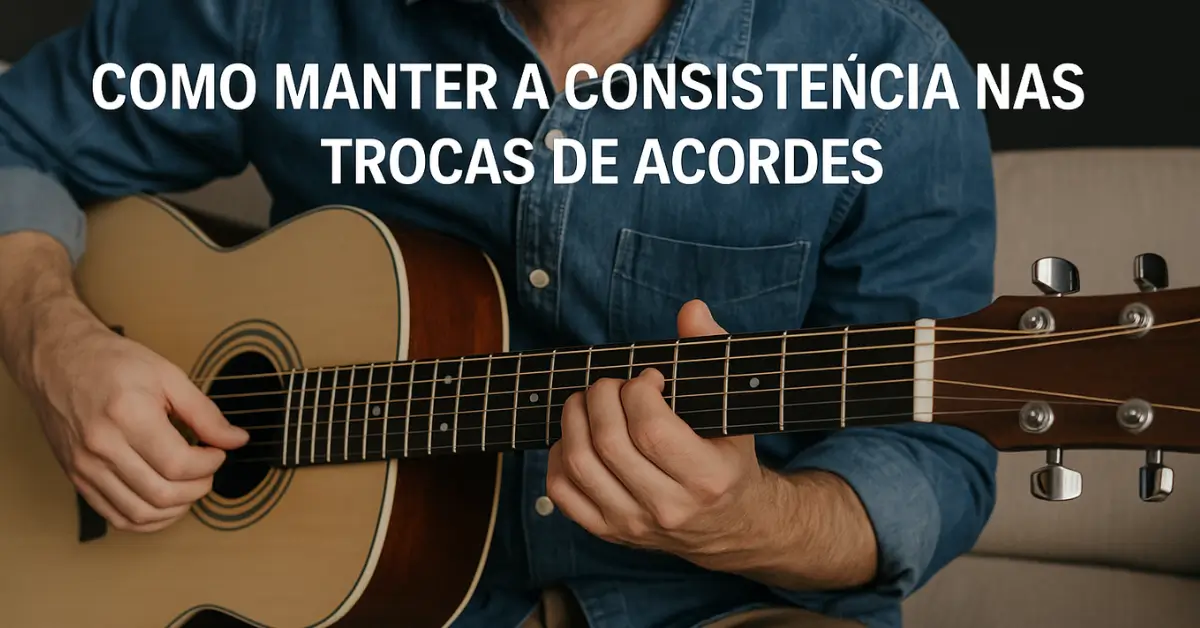 Guitarrista praticando acordes com foco em manter consistência