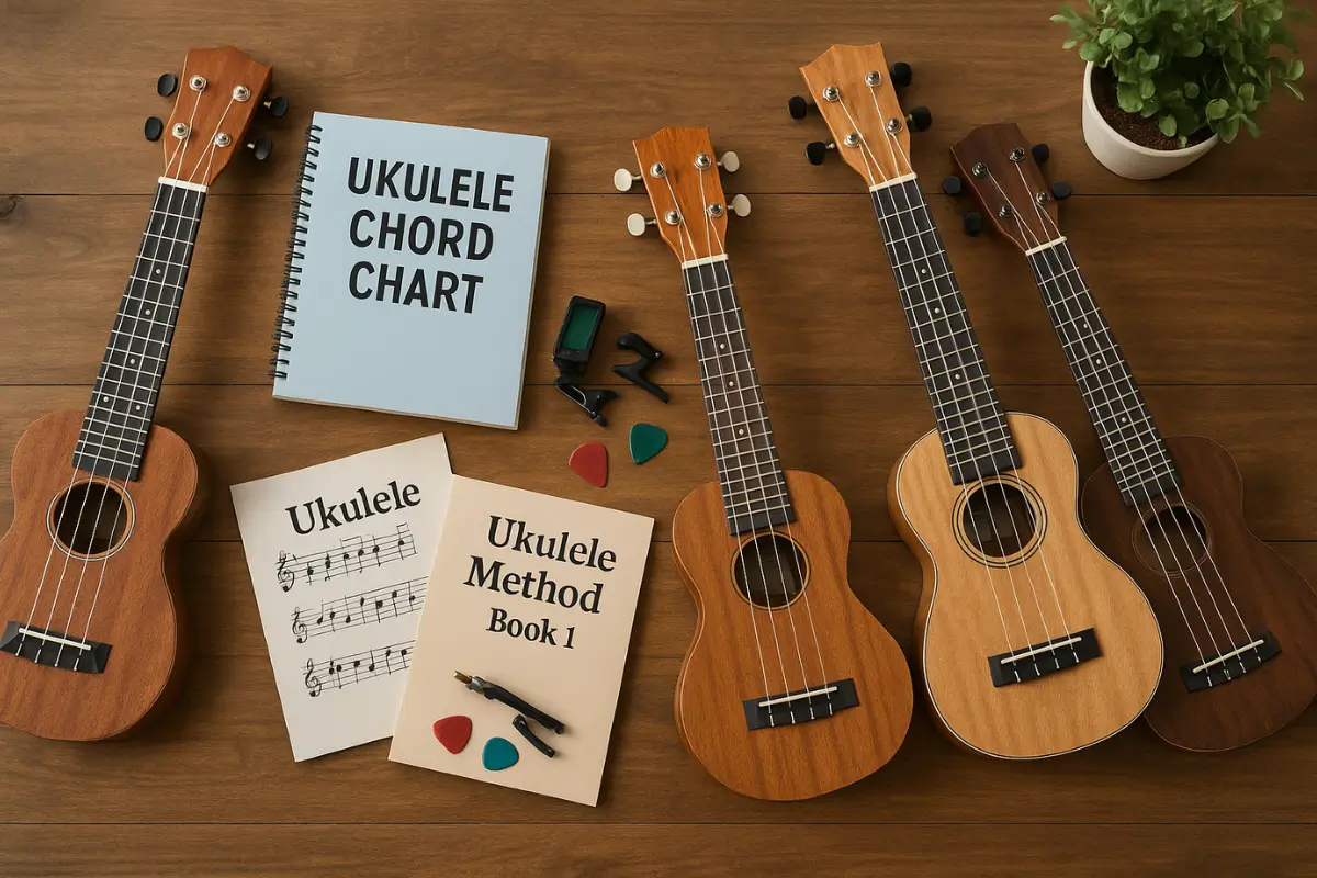 Quatro ukuleles diferentes, livros didáticos, partituras, afinadores e palhetas sobre mesa de madeira, com vaso de planta ao lado, em cenário de estudo musical.