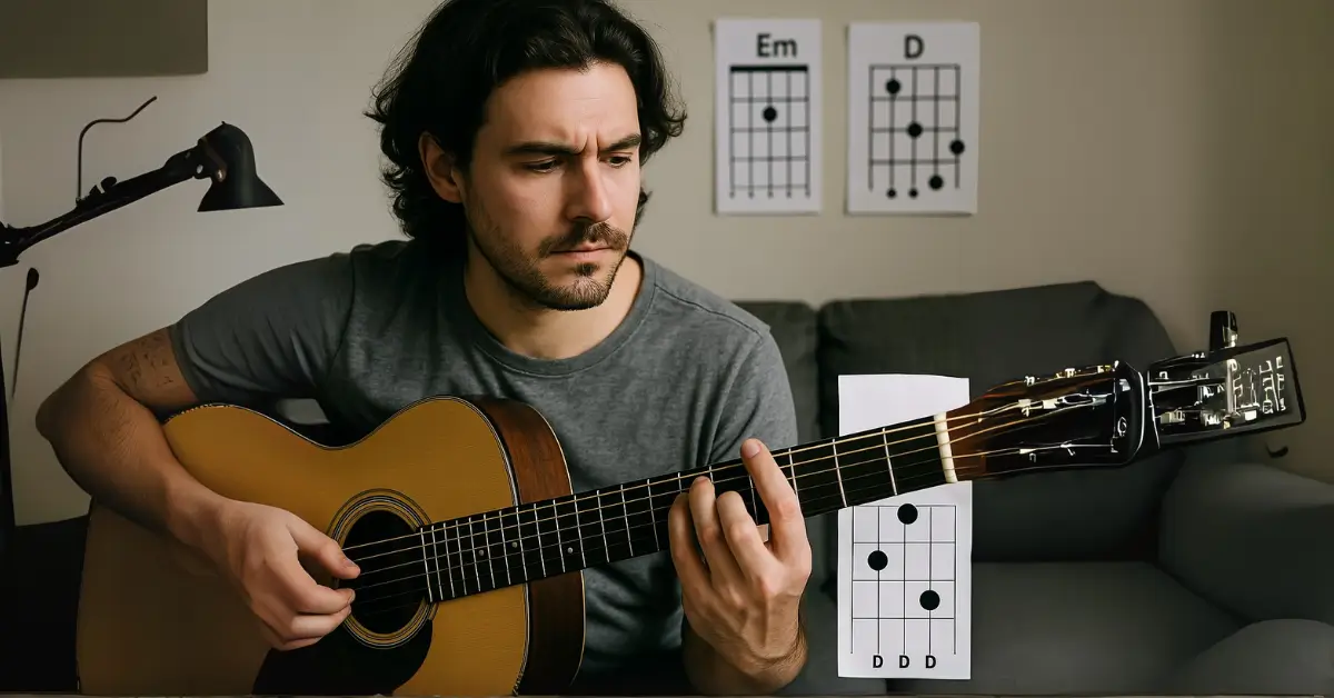 Jovem praticando acordes com foco e concentração no violão