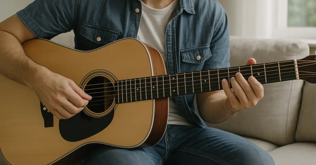 Pessoa tocando violão acústico com palheta em sofá.