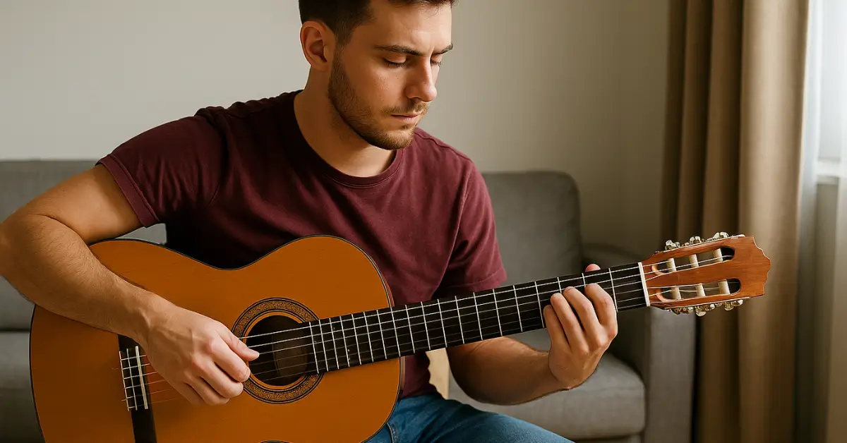 Jovem praticando violão clássico em casa com concentração.