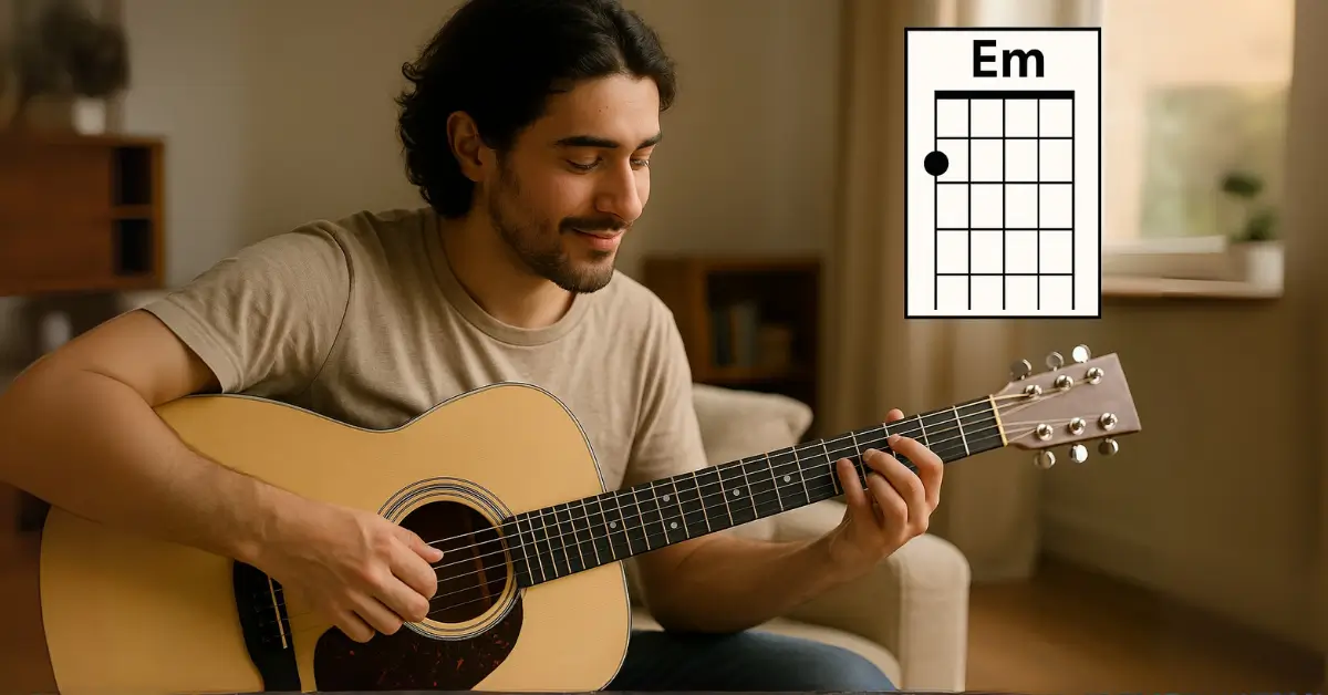 Jovem praticando acordes simples no violão em sala iluminada