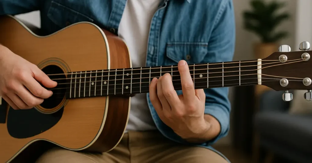 Primeiros passos no violão - Jovem tocando violão acústico com foco nas mãos e trastes, em ambiente acolhedor.