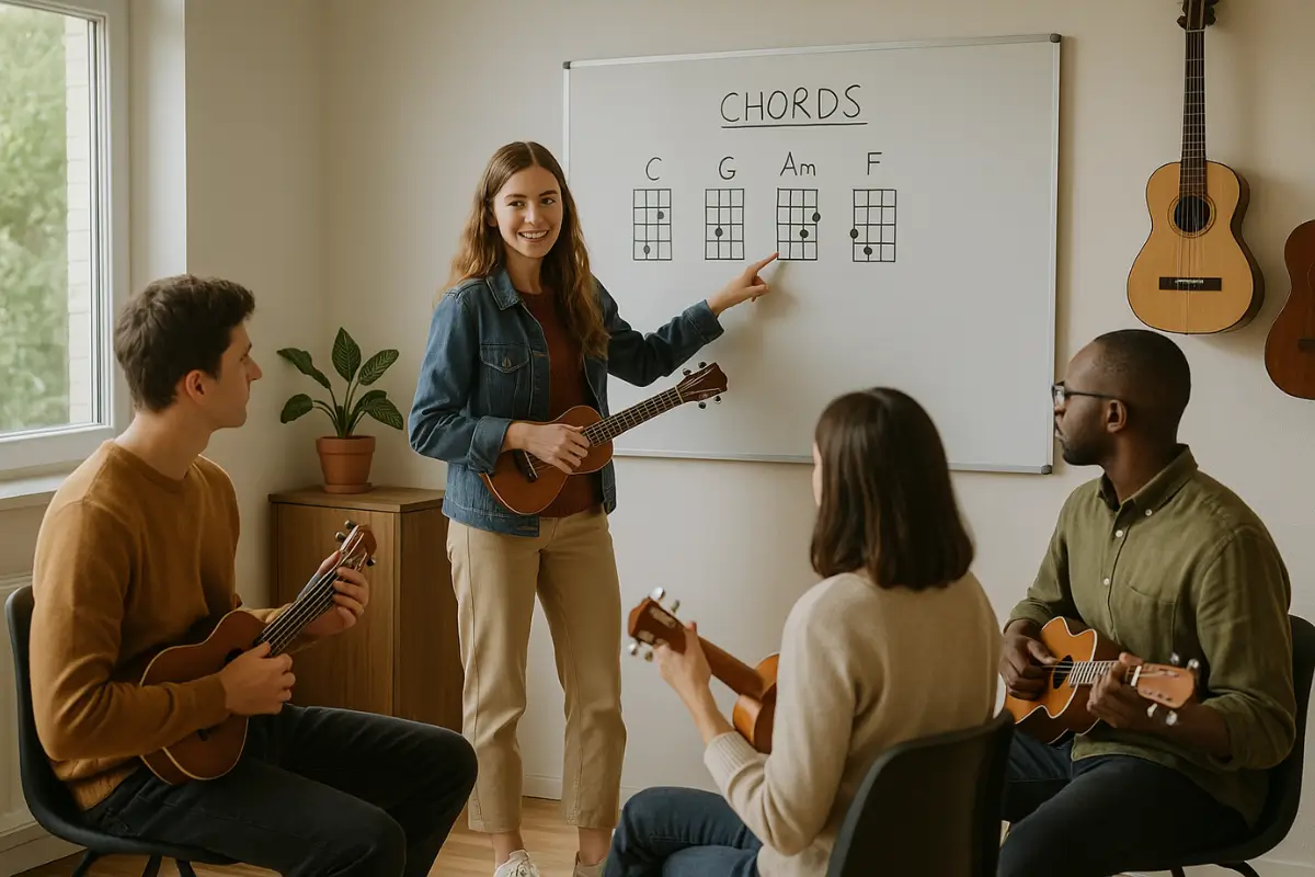 Professora jovem ensinando acordes de ukulele em quadro branco para grupo de três alunos sentados em sala de aula realista, todos com seus instrumentos em Vila Augusta.
