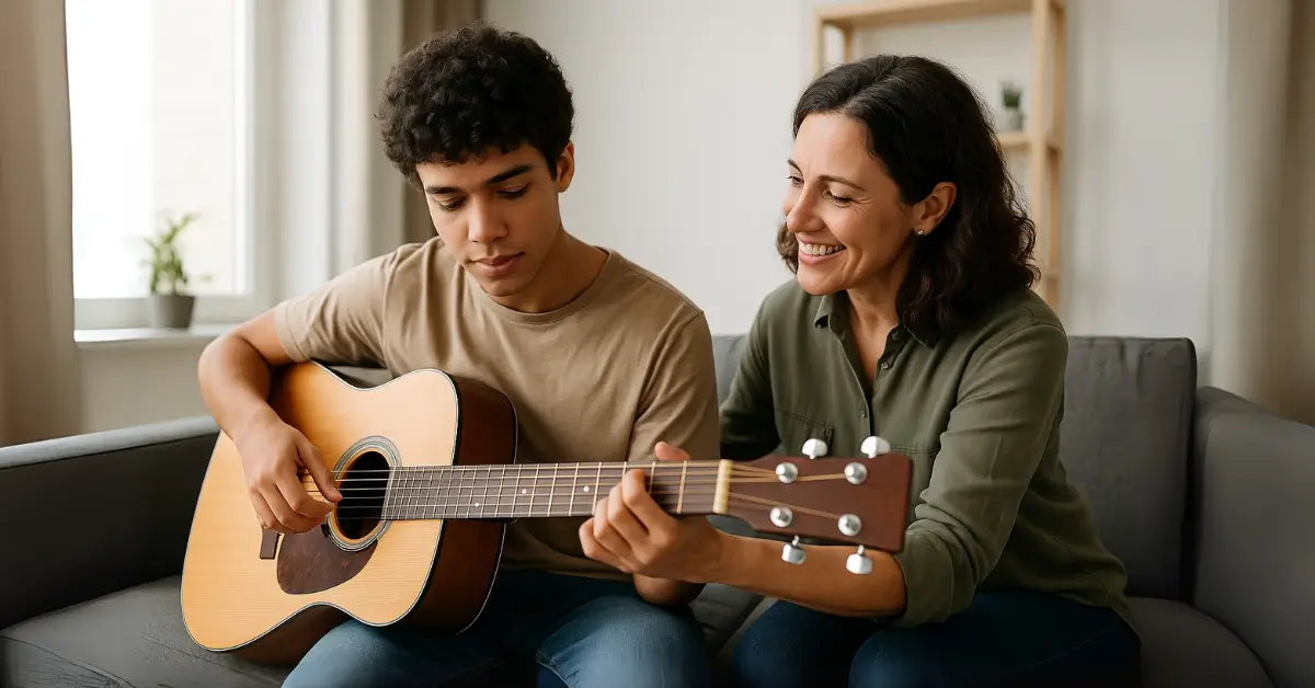 ovem recebendo orientação para tocar violão, em ambiente iluminado e acolhedor.