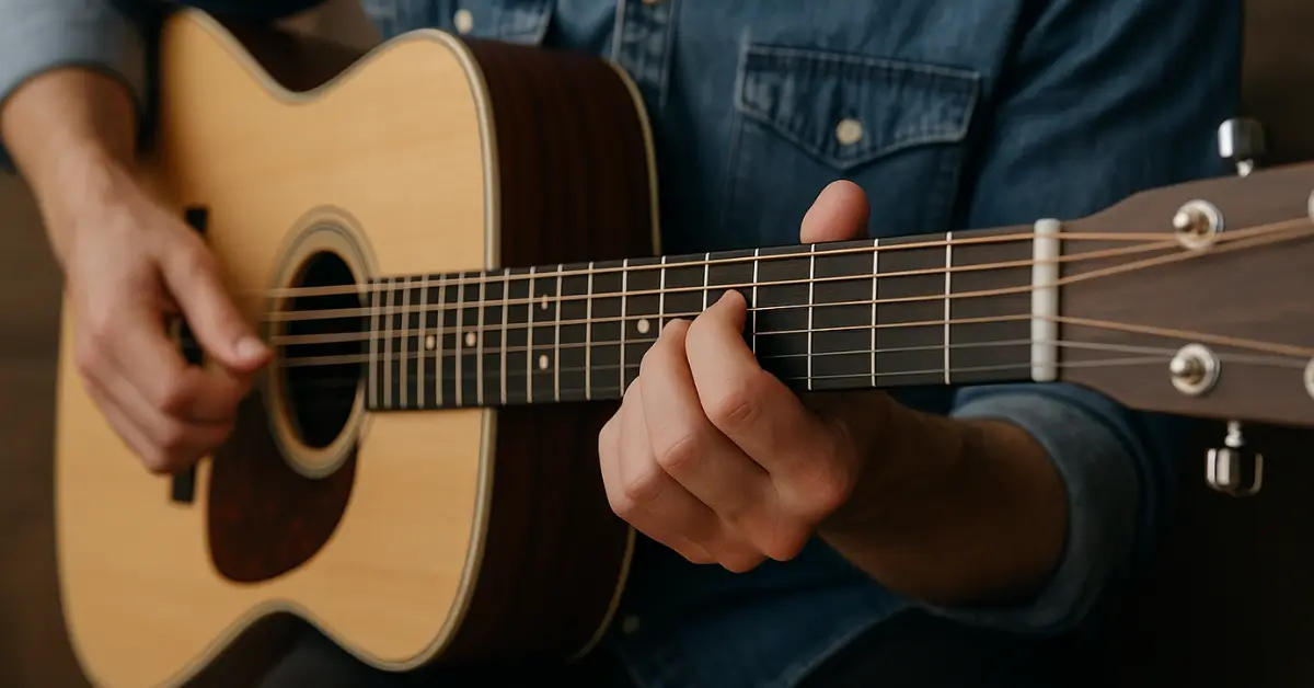 Mãos trocando acordes em violão acústico