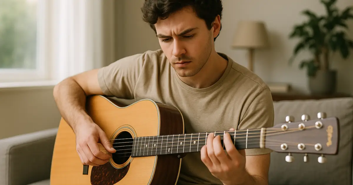 Jovem troca acordes no violão sem antecipar o movimento da mão esquerda.
