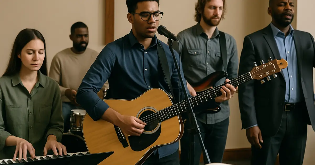 Culto evangélico com músicos, púlpito e Bíblia aberta