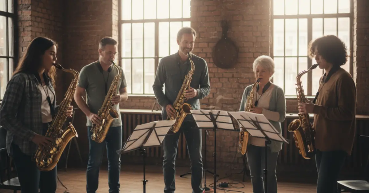 Grupo diverso de cinco pessoas (homens e mulheres de diferentes idades) aprendendo a tocar saxofone juntas em uma sala de aula com tijolos à vista e grandes janelas, destacando a importância da comunidade e do aprendizado coletivo de saxofone.
