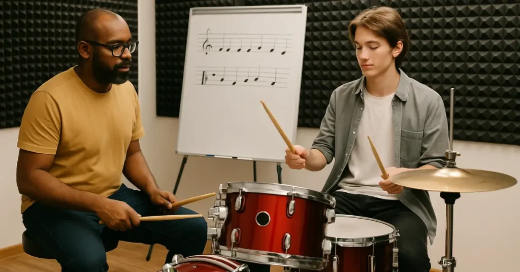 Aula de bateria com professor e aluno praticando em estúdio com quadro de partituras.