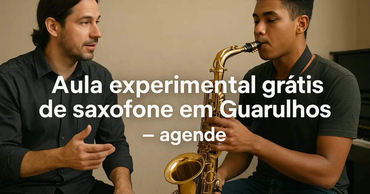 Aula gratuita de saxofone em Guarulhos com professor e aluno.