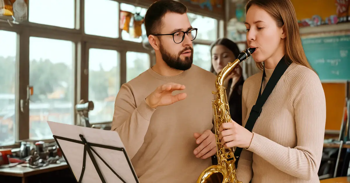 Professor de saxofone orientando aluna iniciante durante aula prática.