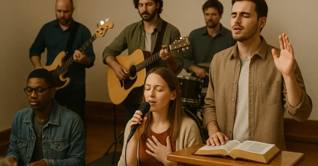 Banda evangélica tocando em culto com púlpito e Bíblia