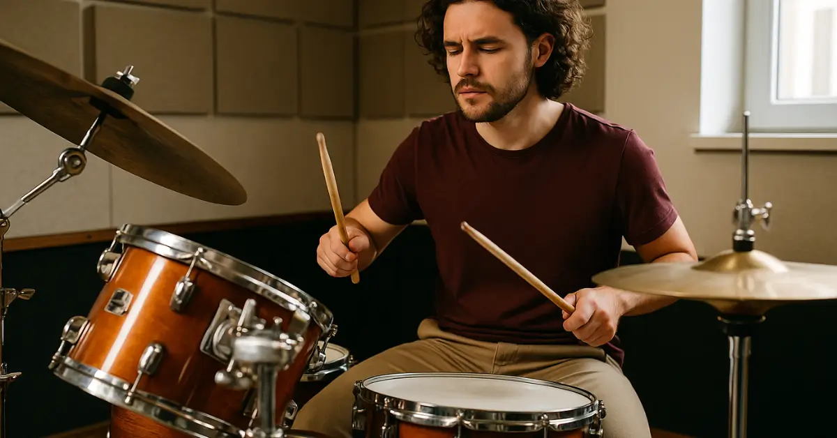 Jovem concentrado tocando bateria em estúdio com luz natural.