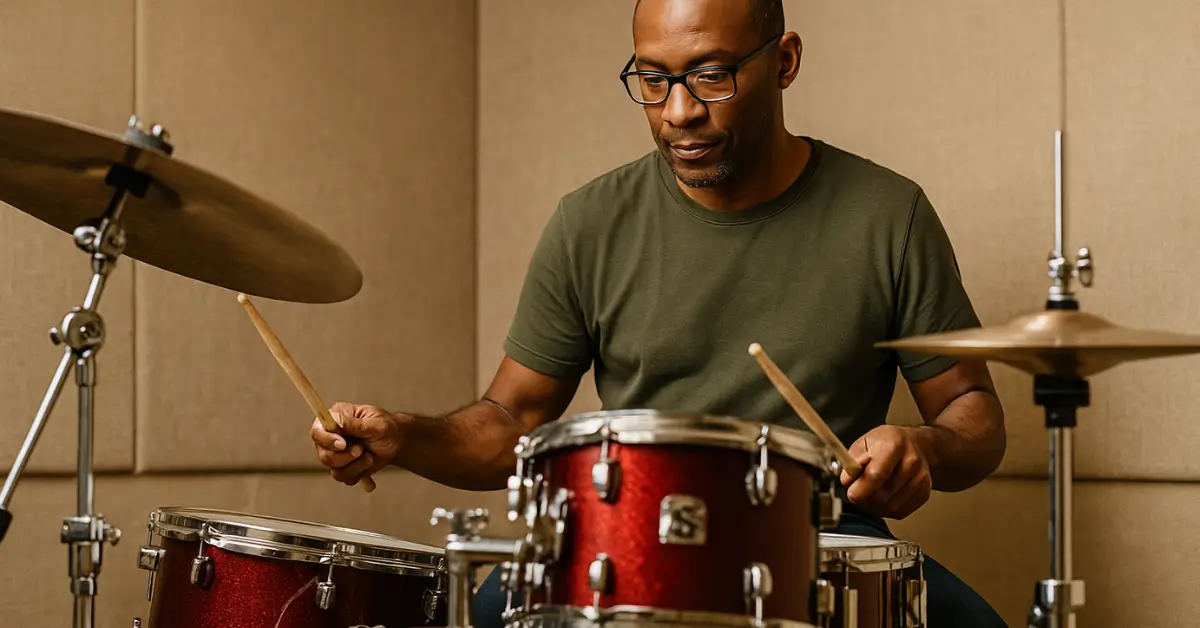 Baterista experiente tocando bateria vermelha em sala com isolamento acústico.
