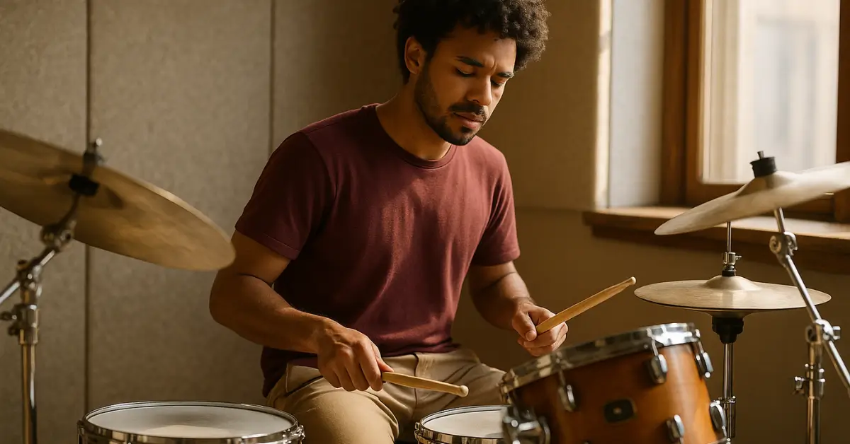 Jovem tocando bateria em estúdio com expressão concentrada.