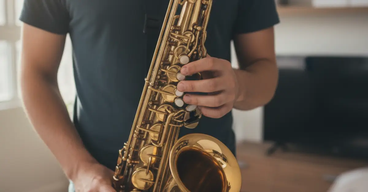 Close-up das mãos de um músico segurando as chaves de um saxofone alto dourado, com foco na técnica.