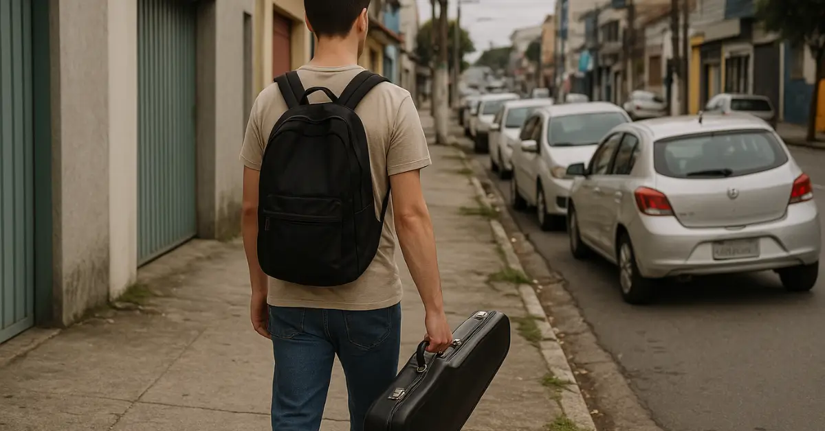 Jovem caminhando por rua de Guarulhos com estojo de saxofone.