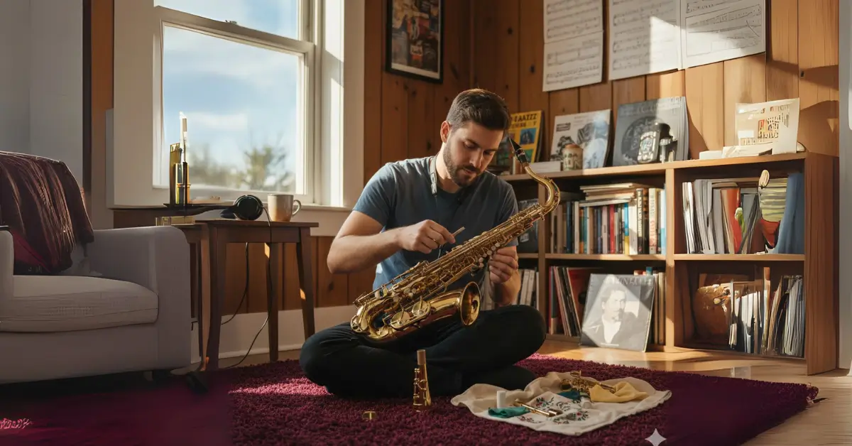 Homem jovem sentado no chão, cuidadosamente limpando seu saxofone alto dourado, demonstrando cuidado com o instrumento.