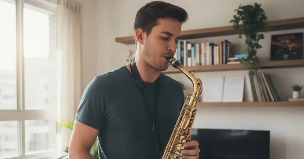 Homem jovem, focado, tocando saxofone alto dourado em sua sala de estar bem iluminada, com partituras.