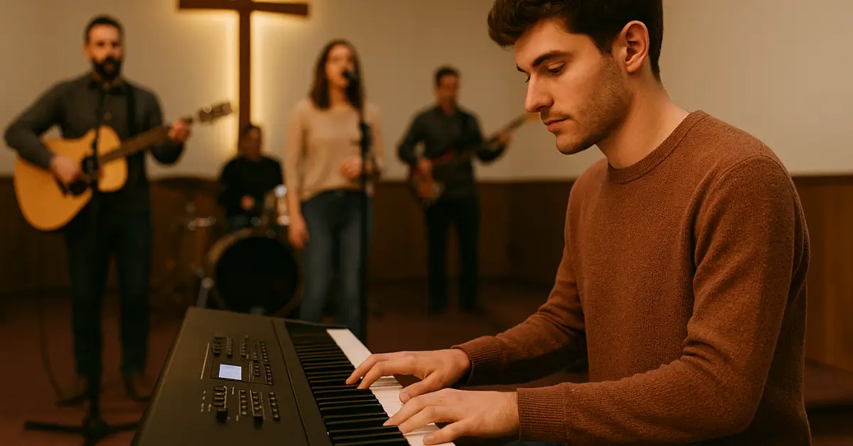 ovem tocando teclado digital durante culto com banda gospel ao fundo.