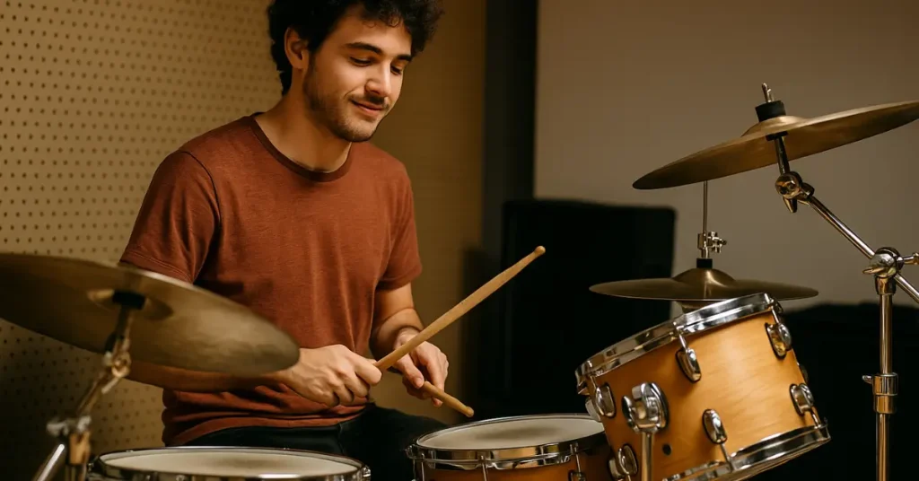 Jovem baterista tocando com intensidade à luz do sol.