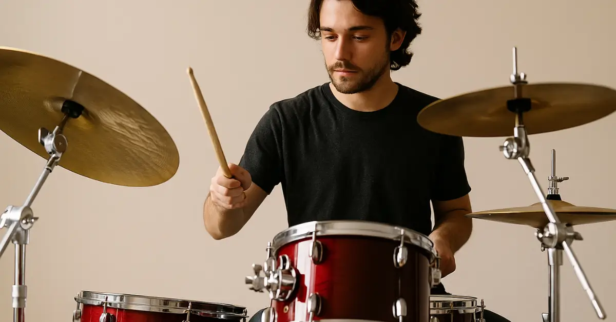 Jovem baterista tocando bateria vermelha em estúdio com parede bege.