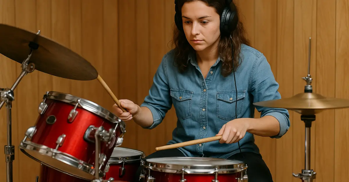 Jovem mulher tocando bateria vermelha com fones de ouvido em sala de madeira.