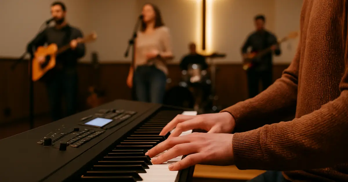 Jovem tocando teclado em culto com mulher segurando Bíblia e banda gospel ao fundo.