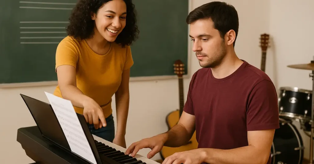 Professora jovem orienta aluno em teclado com partitura visível.