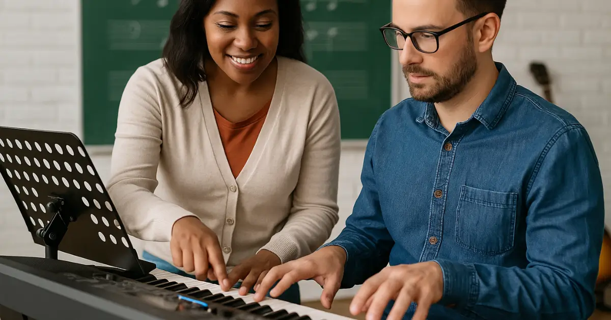 Professora de música ensina teclado a aluno adulto em sala equipada.