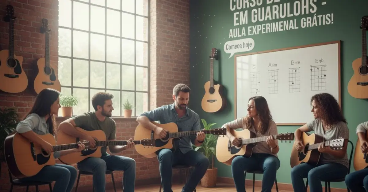 Família multigeneracional, incluindo uma criança, aprendendo a tocar violão juntos em um curso divertido em Guarulhos.