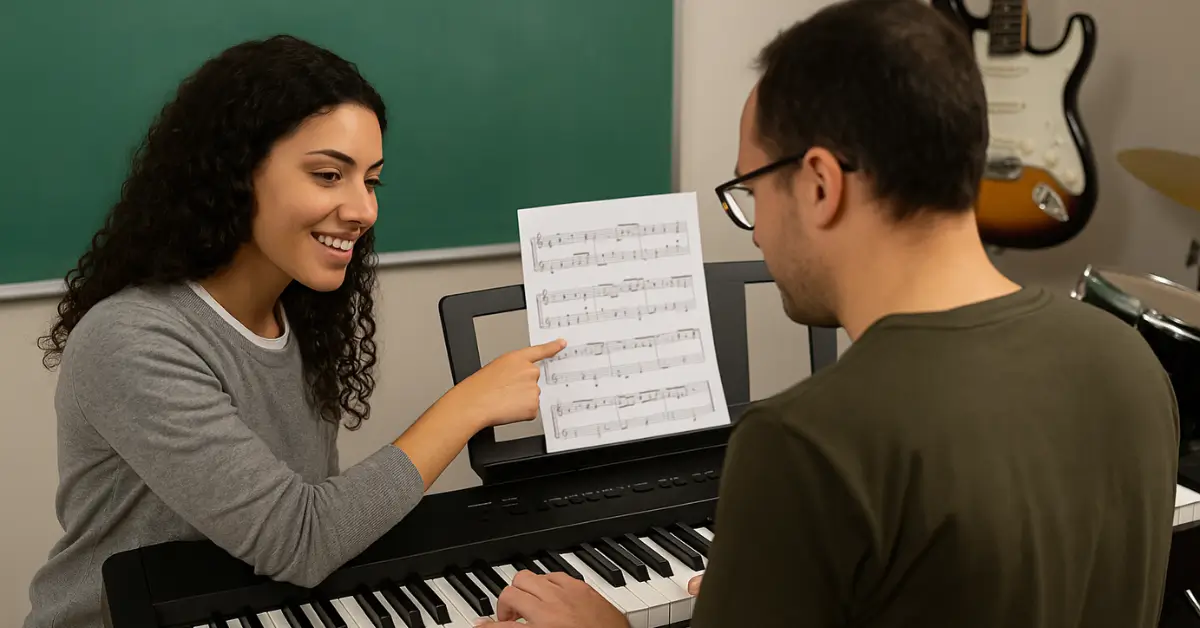 Professora sorridente mostra partitura a aluno em aula de teclado digital.