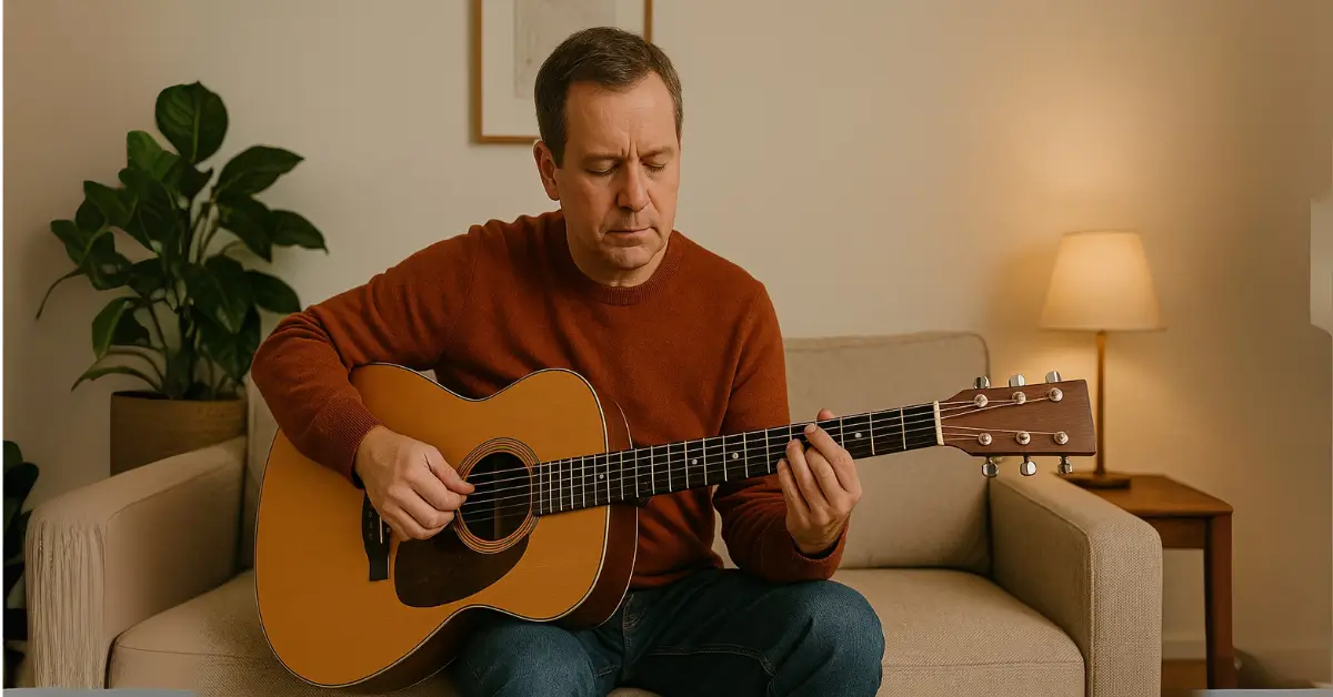 Homem de meia-idade tocando violão em sala de estar com iluminação aconchegante.