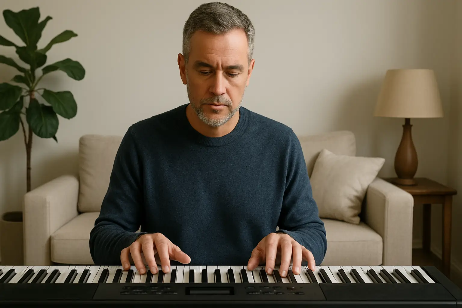 Homem de meia-idade tocando teclado digital em sala de estar iluminada
