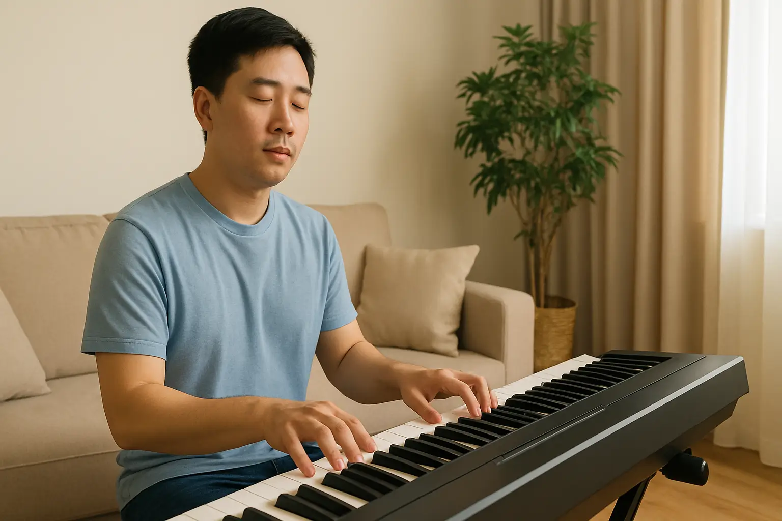 Homem asiático tocando teclado digital em sala iluminada e confortável.