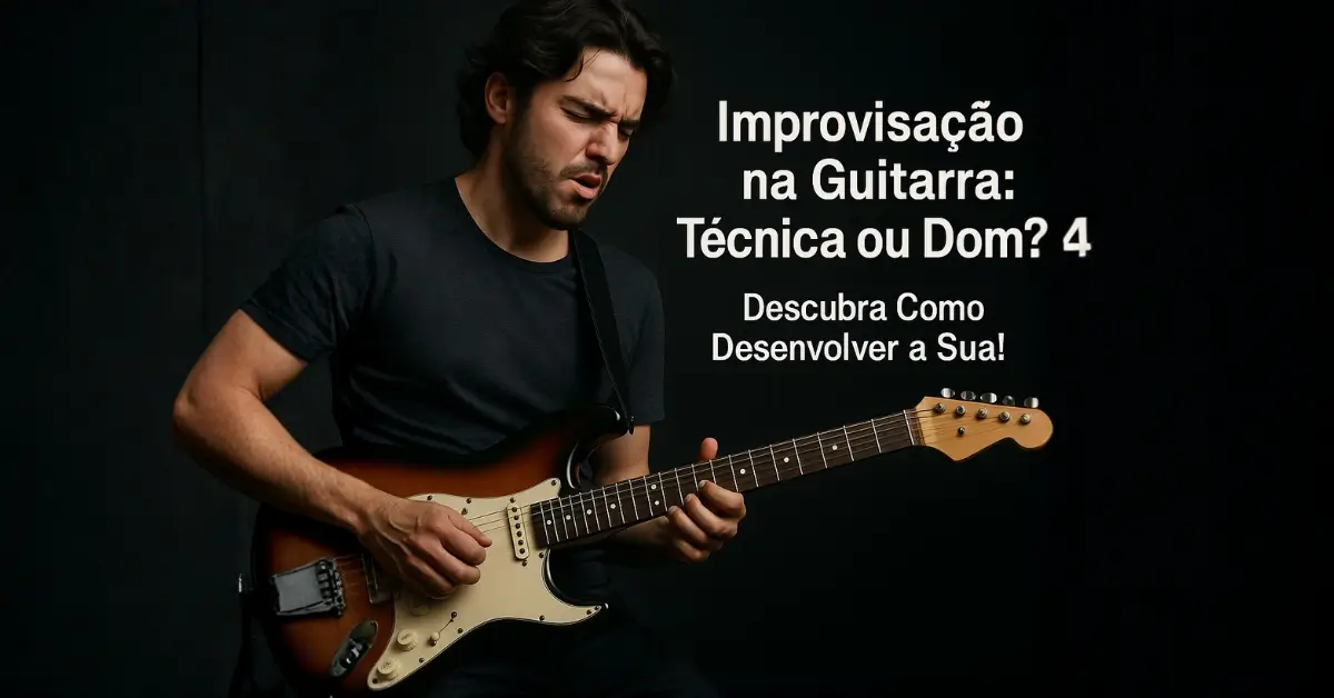 Jovem guitarrista tocando com expressão intensa ao lado de texto provocativo sobre improvisação.
