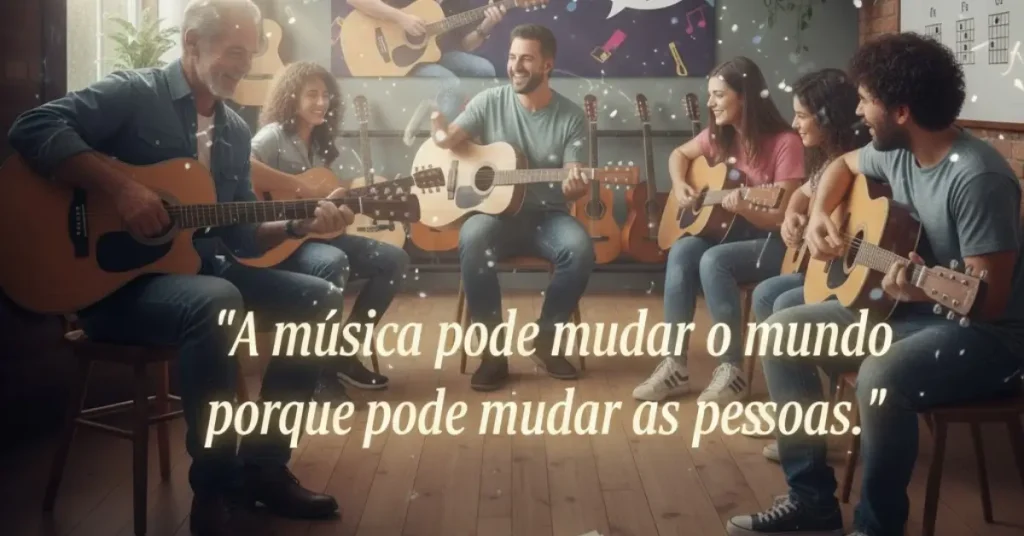 Citação inspiradora de Bono Vox sobre o poder da música em uma aula de violão cheia de entusiasmo e aprendizado em Guarulhos.