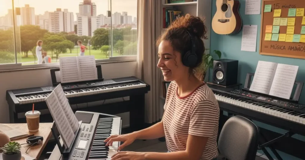 Um homem jovem e concentrado toca teclado em um estúdio bem iluminado com vista para a cidade de Guarulhos ao pôr do sol, transmitindo calma e bem-estar.